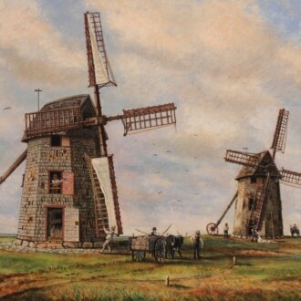 Painting of three windmills.