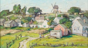 Painting of Nantucket town with a windmill on the hill.