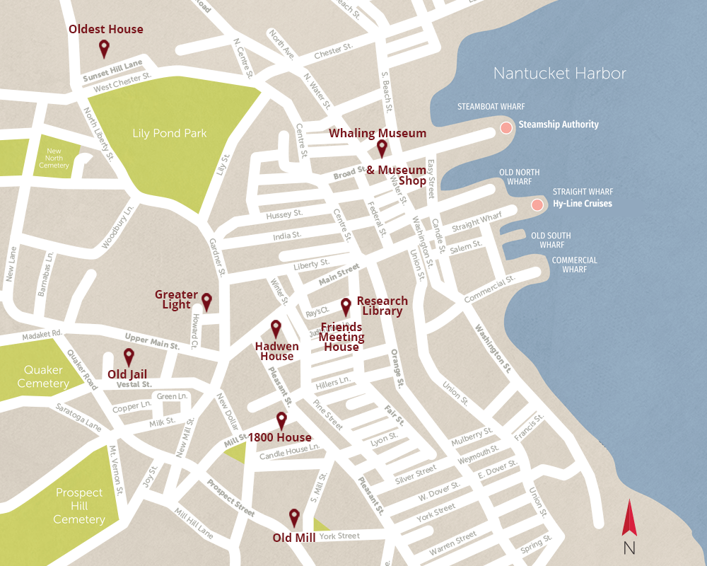 Map of Nantucket Town showing the location of NHA properties.